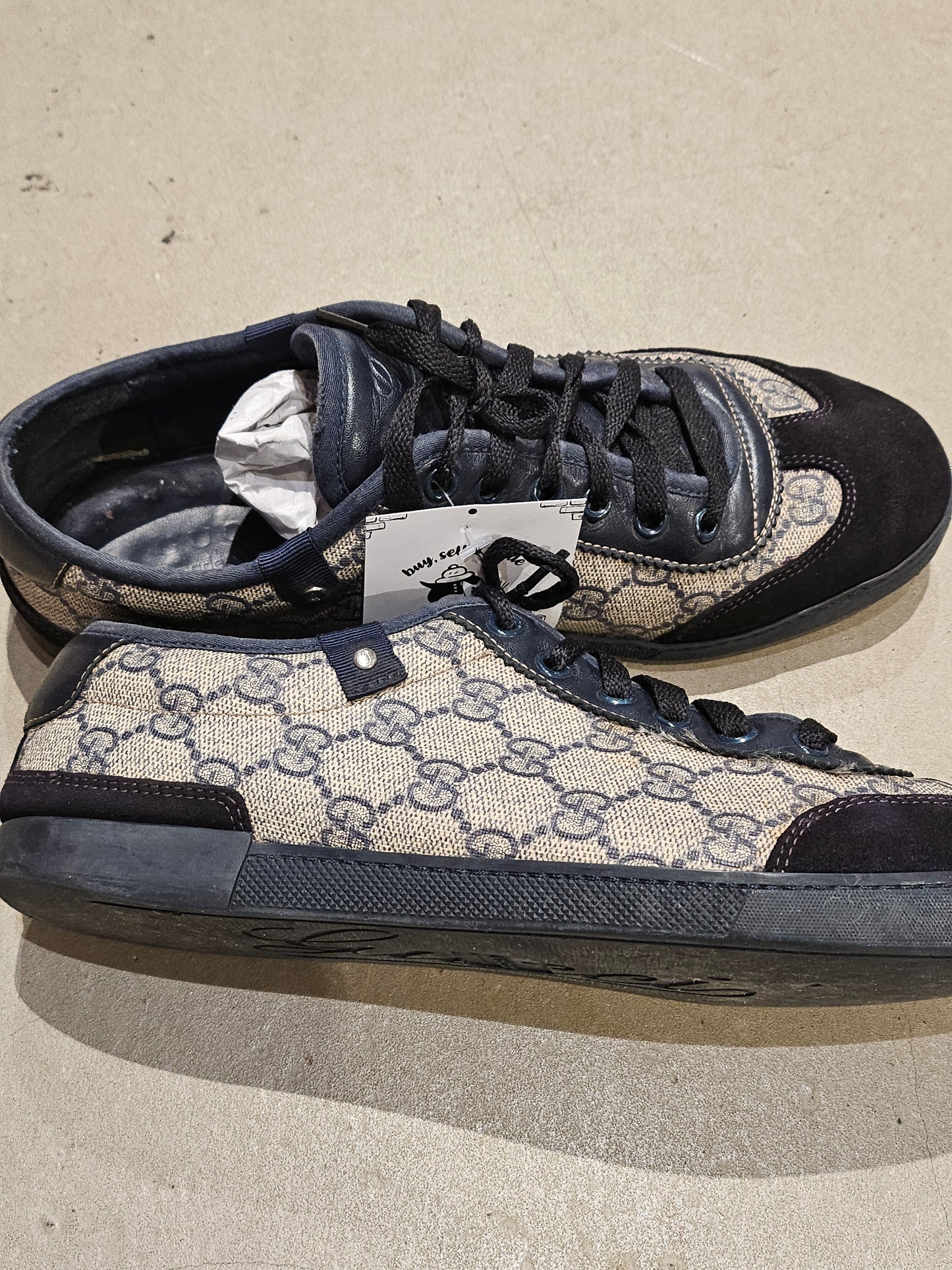 Gucci GG Monogram Ace Navy Suede Shoes Trainers 40.5